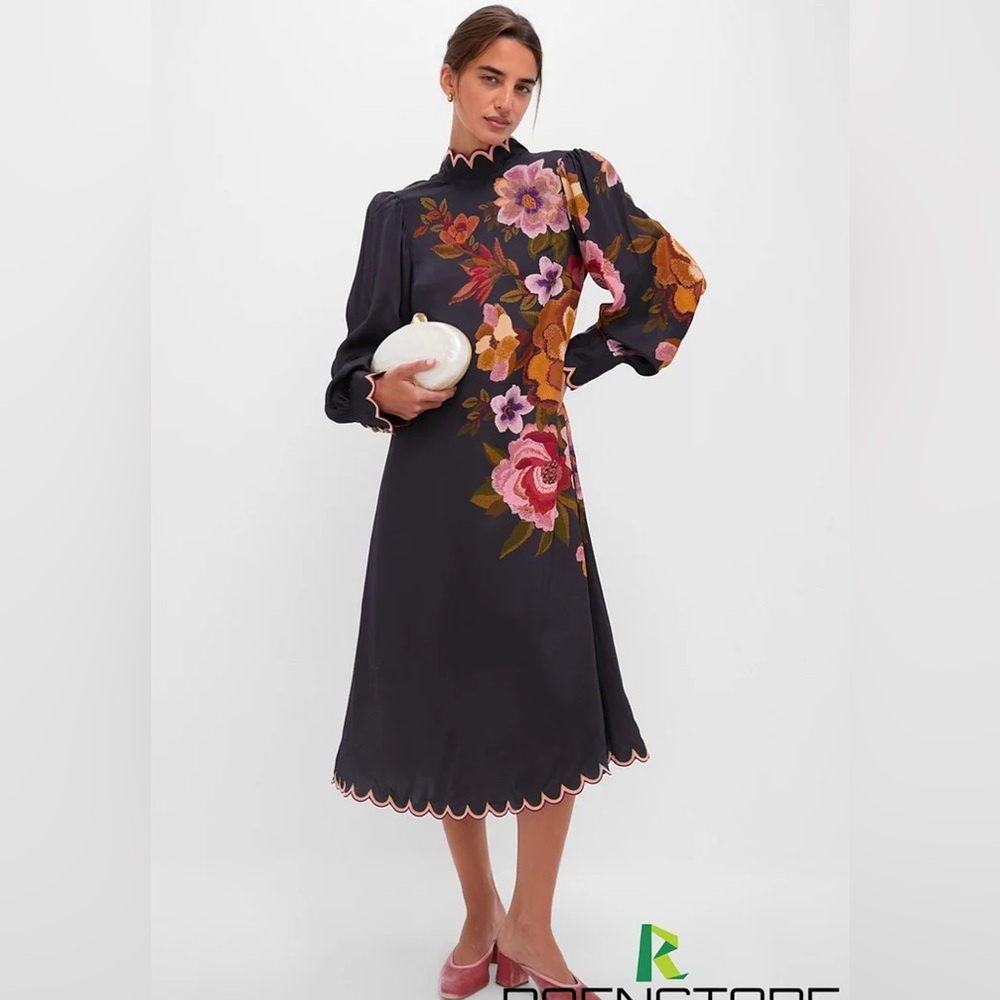 FARM Rio Black Midi Dress with Pink and Orange Floral Embroidery
